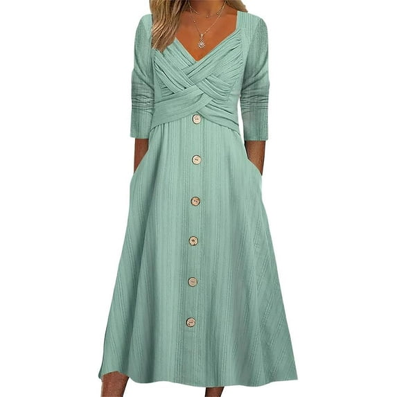 Womens Fall Dresses for Wedding Guest, Casual Plus Size Cross Button Long Sleeve Tiered Maxi Dress with Pockets