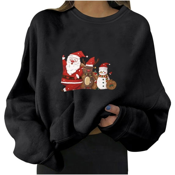 Womens Fall Fashion Christmas Long Sleeve Shirts for Women Cute Reindeer Graphic Sweatshirt Round Neck Loose Sweatshirts Xmas Holiday Tops