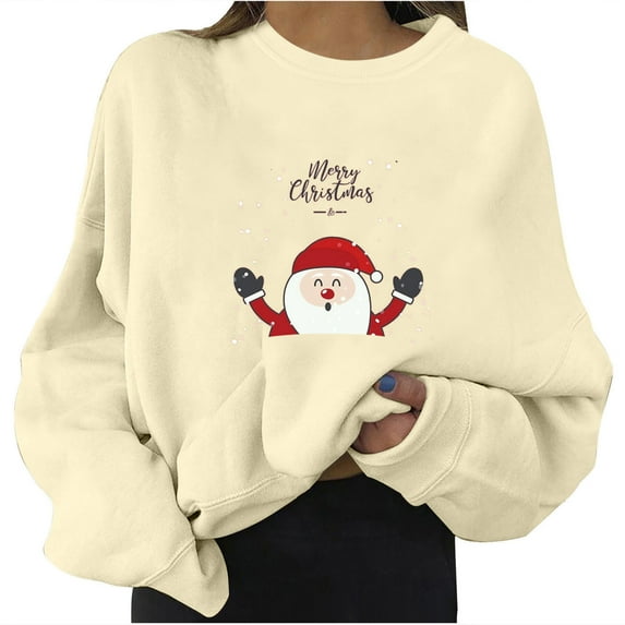 Womens Fall Fashion Christmas Long Sleeve Shirts for Women Cute Reindeer Graphic Sweatshirt Round Neck Loose Sweatshirts Xmas Holiday Tops