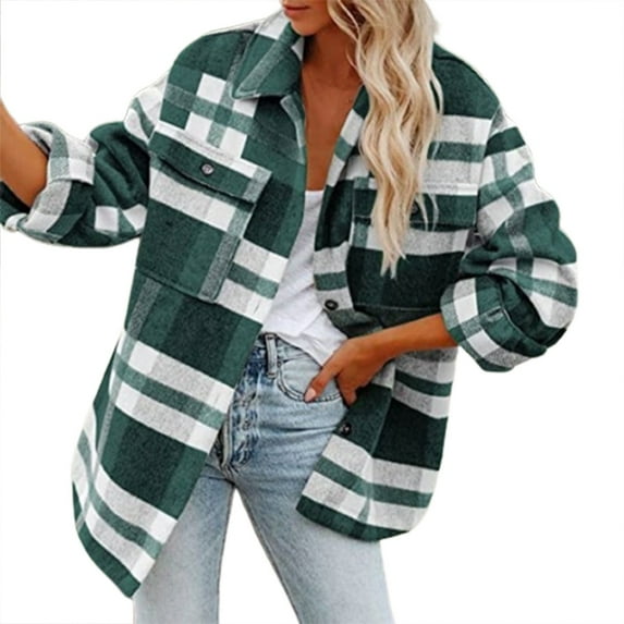 Womens Fall Fashion Winter Coats for Women Plaid Woolen Coat Casual Overcoats with Pockets Button Down Long Plaid Brushed Shirts Jackets
