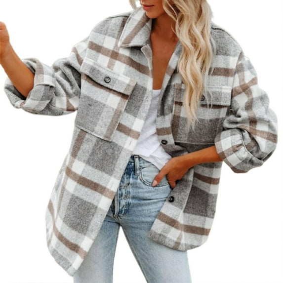 Womens Fall Fashion Winter Coats for Women Plaid Woolen Coat Casual Overcoats with Pockets Button Down Long Plaid Brushed Shirts Jackets