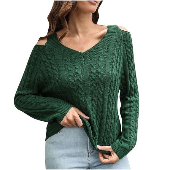 Womens Fall Fashion 2022! QLEICOM Sweaters for Women, Women's Off Shoulder V-Neck Sweater Women's Loose Autumn Winter Long Sleeve Knit Sweater On Clearance