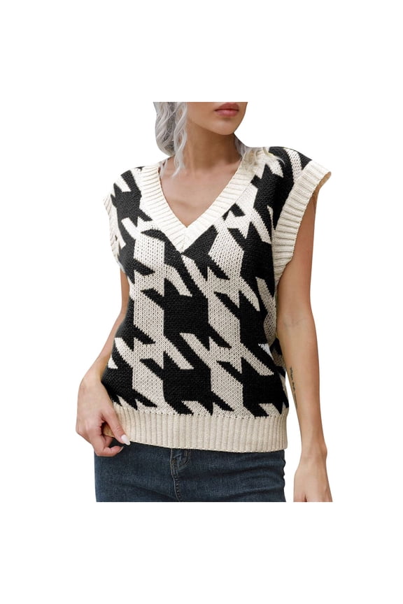 Womens Fall Fashion 2022! QLEICOM Sweaters for Women, Women‘s V-neck Multicolor Knitted Sweater Houndstooth Casual Fashion Sleeveless Vest Jacket Coat Tops On Clearance
