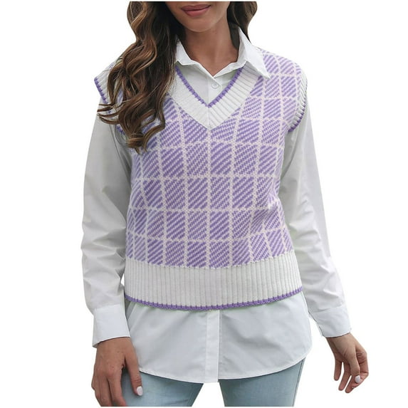 Womens Fall Fashion 2022! QLEICOM Sweaters for Women, Women‘s V-neck Multicolor Knitted Sweater Plaid Stripes Casual Fashion Sleeveless Vest Jacket Coat Tops On Clearance