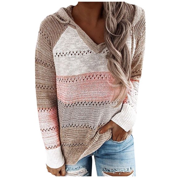 Womens Fall Fashion 2022! QLEICOM Sweaters for Women, Fashion Women Casual Patchwork V-Neck Long Sleeves Hooded Sweater Blouse Tops On Clearance