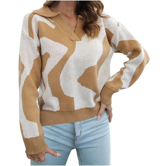 Womens Fall Fashion 2022! QLEICOM Sweaters for Women, Women Casual Fashion Color Matching Pullover Long Sleeve V-Neck Sweater On Clearance
