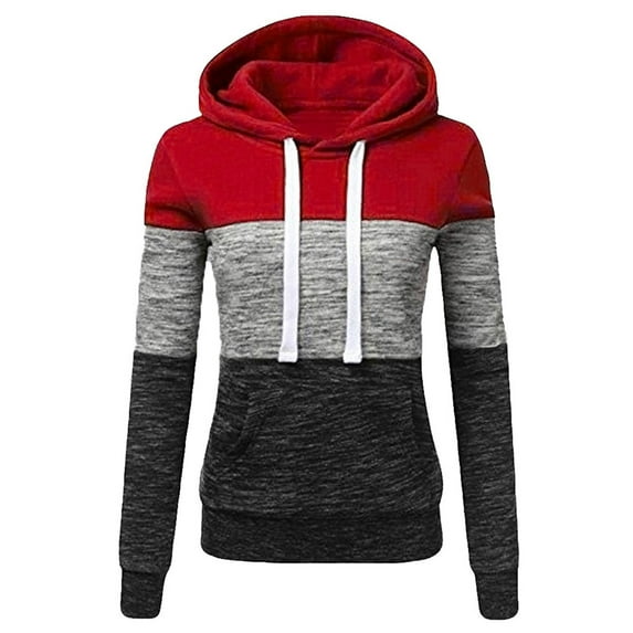 VERUGU Hoodies for Women Fashion Casual Sweatshirt Patchwork Blouse Pullove Red S