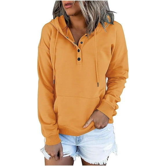 Womens Fall Fashion 2023 Clearance! VERUGU Womens Hoodies Winter Casual Button Drawstring Hooded Pullover Tops Orange XXL