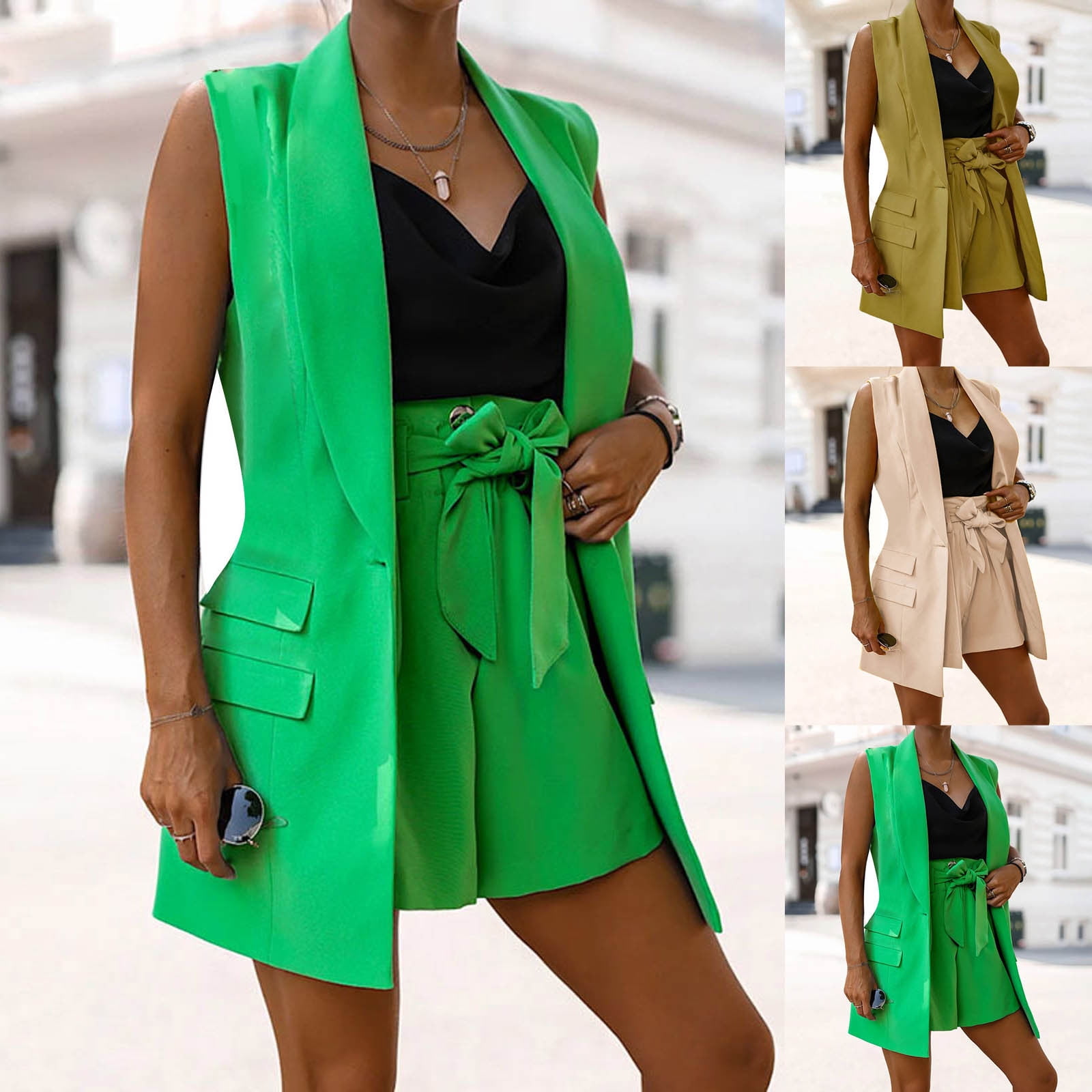 Pant Suits for Women Dressy, Fashion Double Breasted Long Sleeve Slim Fit  Blazer 2 Piece Outfits Business Casual Sets Army Green