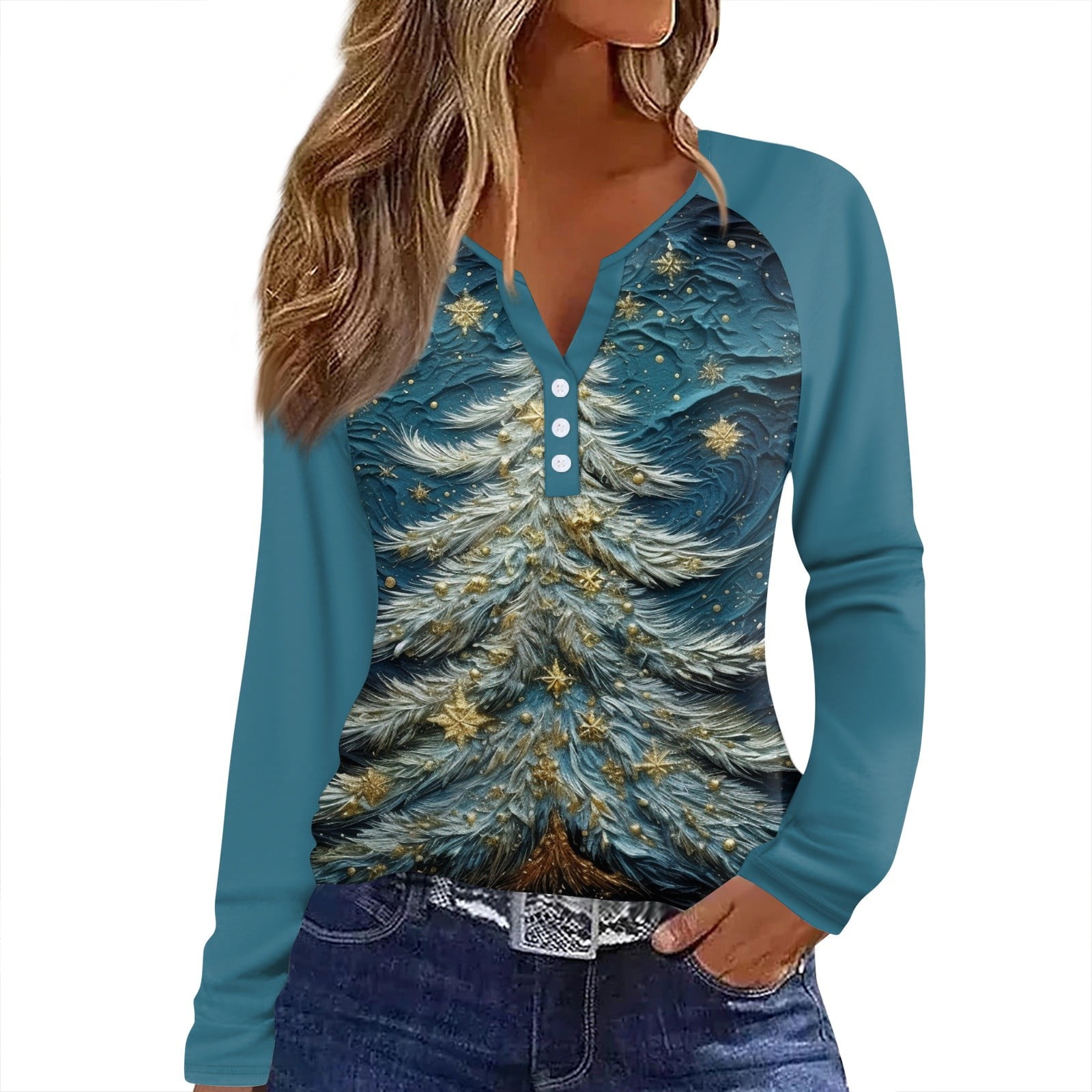 Womens Fall Fashion 2024 Christmas Trees Xmas Snowflake Print Tshirts 3