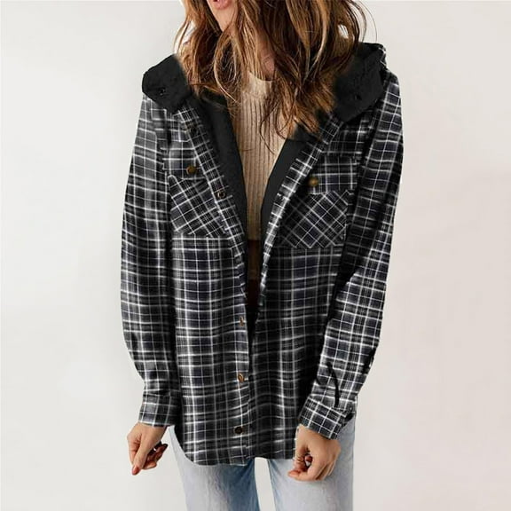 Womens Fall Fashion 2024 Cozy Plaid Button Down Hooded Shacket Lightweight Long Sleeve Shirt Jacket Outerwear Black XL
