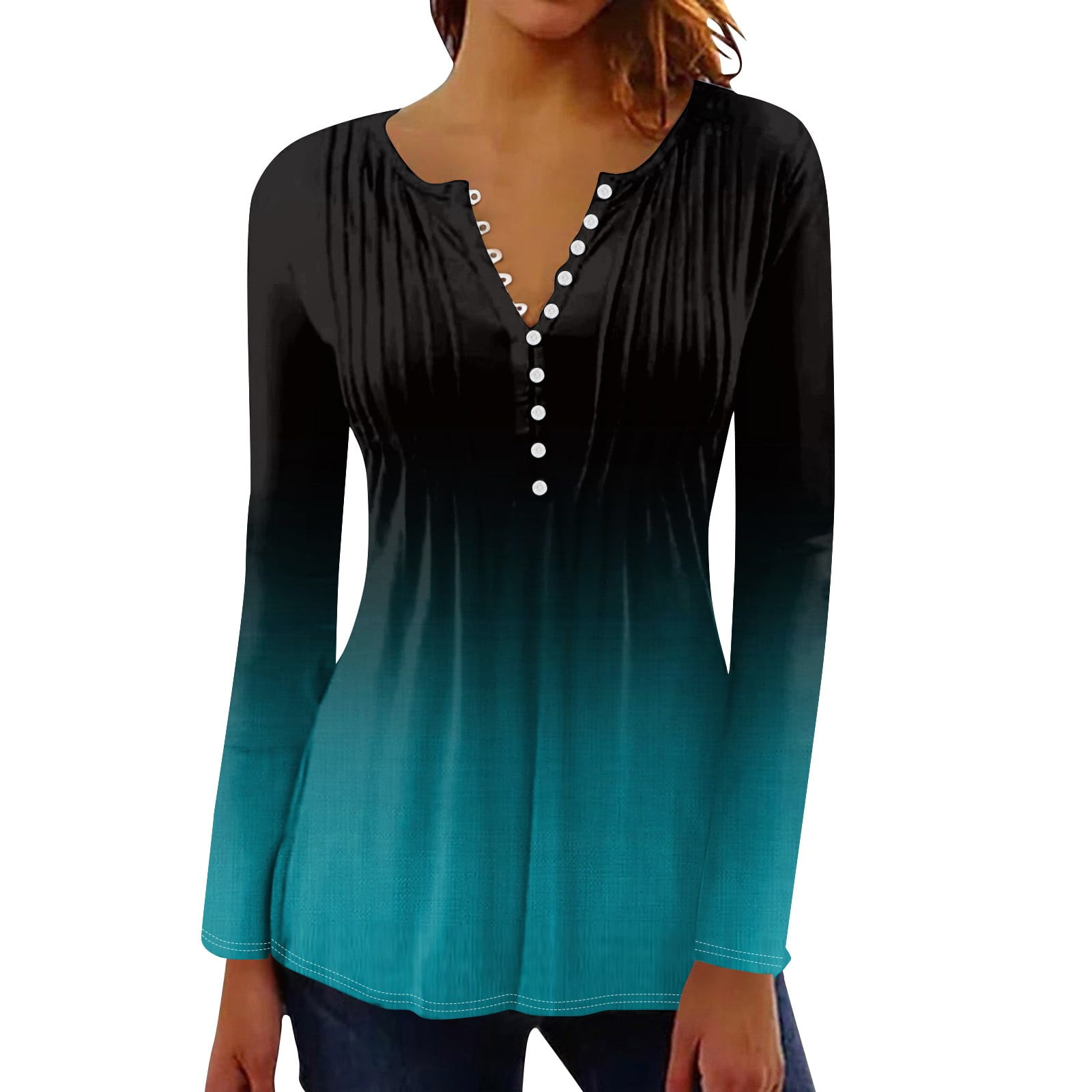 Womens Fall Fashion 2024 Pleated TShirts Long Sleeve Henley Button Up