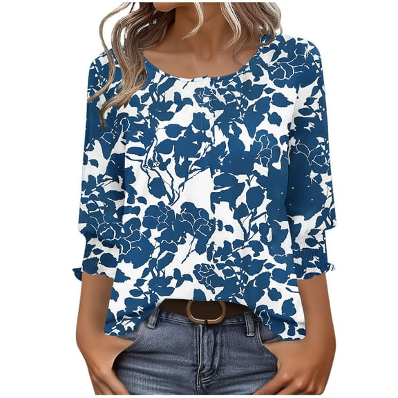 Womens Fall Fashion 2025 3/4 Sleeve With Smocked Cuffs Dressy Print Casual Blouses Outfits Beach Vacation Plus Size Clothes