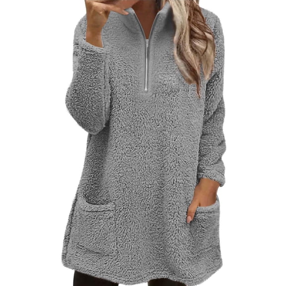 Womens Fall Fashion 2025 Fuzzy Fleece Pullover Sweatshirt Fall Winter Clothes Soft Warm Long Hoodie with Pocket Grey Women Blending Shirts Women's Long Sleeve T-Shirt(S)