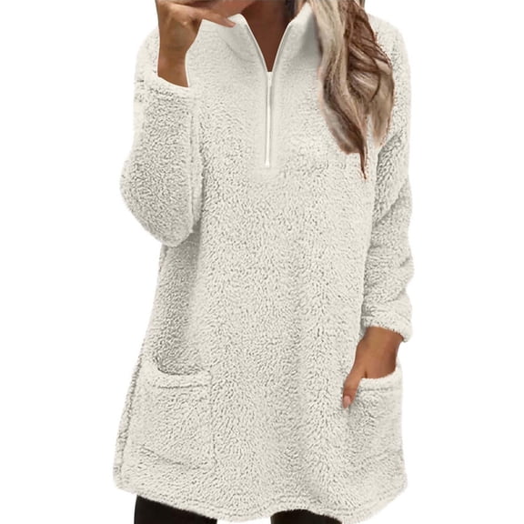 Womens Fall Fashion 2025 Fuzzy Fleece Pullover Sweatshirt Fall Winter Clothes Soft Warm Long Hoodie with Pocket White Women Blending Shirts Women's Long Sleeve T-Shirt(M)