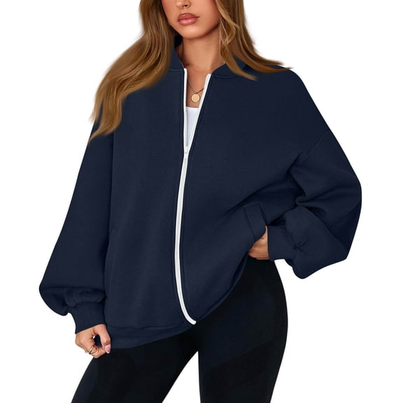Womens Fall Fashion 2025 Oversized Zip Up Sweatshirt Jackets Casual Long Sleeve Bomber Outerwear Winter Outfits Navy XXL