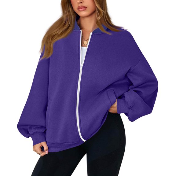 Womens Fall Fashion 2025 Oversized Zip Up Sweatshirt Jackets Casual Long Sleeve Bomber Outerwear Winter Outfits Purple XL