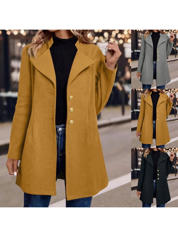 Womens Fall Fashion 2025 Winter Jackets for Women New Solid Color Woolen Coat Mid To Long Length Lapel Pocket Jacket Coat Long Sleeved Top