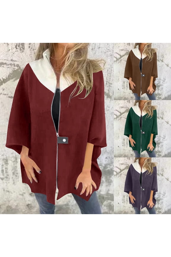 Womens Fall Fashion 2025 Winter Jackets for Women Winter Loose Casual Color Matching Jacket Zipper Stand Collar Woolen Top