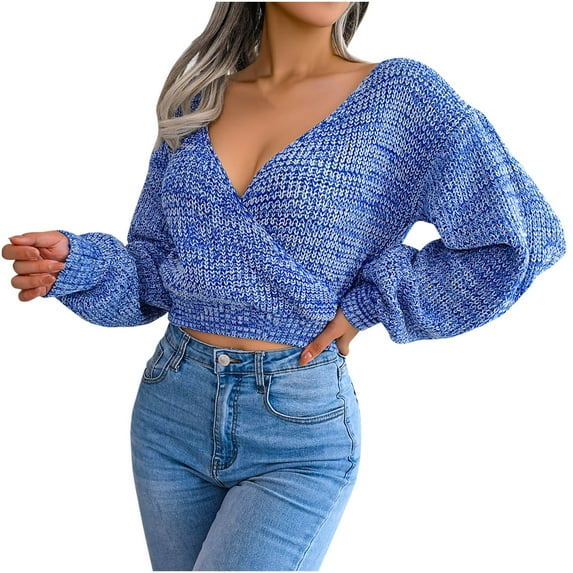 Womens Fall Fashion Womens Lantern Long Sleeve Deep V Neck Crop Sweater Tops Trendy Sexy Knitted Fall Sweater Pullover for Women