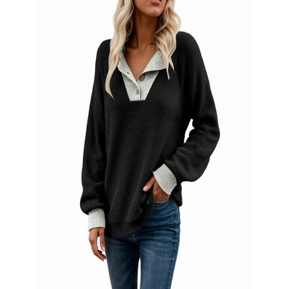Womens Fall Fashion 2025 Womens Long Sleeve Shirts Patchwork Button Up V Neck Sweatshirt Casual Pullover Tops,M,Black