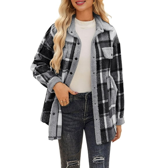 Womens Fall Fashion Flannel Shackets Plaid Button Down Jacket Casual Long Sleeve Fleece Shirt with Pockets Dark Gray S