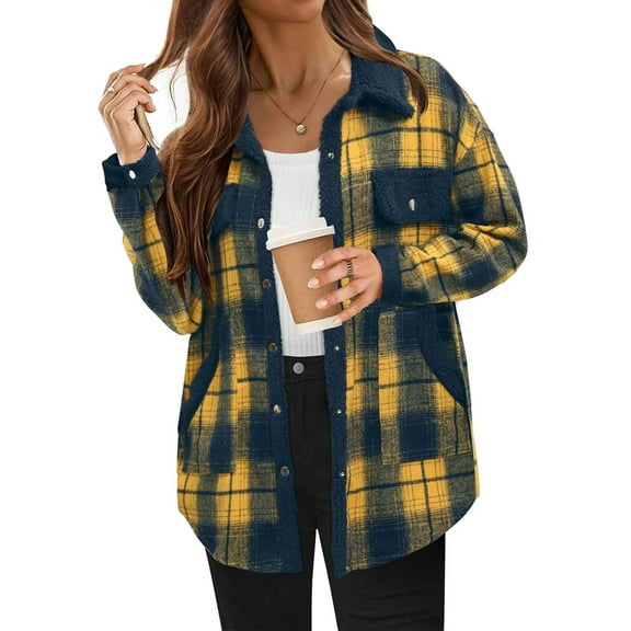 Womens Fall Fashion Flannel Shackets Plaid Button Down Jacket Casual Long Sleeve Fleece Shirt with Pockets Dark Yellow L