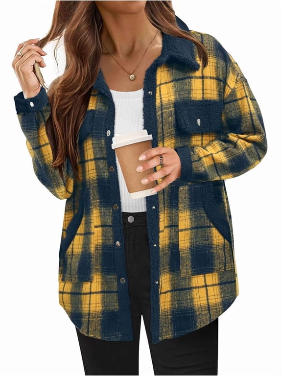 Womens Fall Fashion Flannel Shackets Plaid Button Down Jacket Casual Long Sleeve Fleece Shirt with Pockets Dark Yellow L