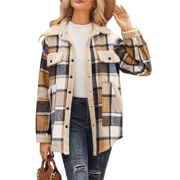 Womens Fall Fashion Flannel Shackets Plaid Button Down Jacket Casual Long Sleeve Fleece Shirt with Pockets Deep Khaki S