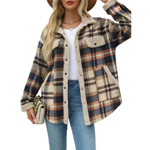 Womens Fall Fashion Flannel Shackets Plaid Button Down Jacket Casual Long Sleeve Fleece Shirt with Pockets Gray-Blue L