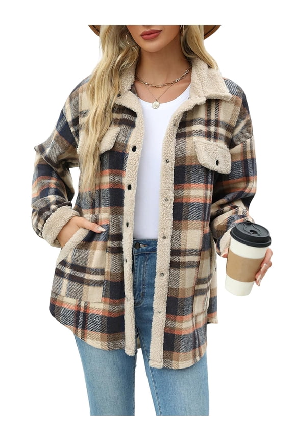 Womens Fall Fashion Flannel Shackets Plaid Button Down Jacket Casual Long Sleeve Fleece Shirt with Pockets Gray-Blue S