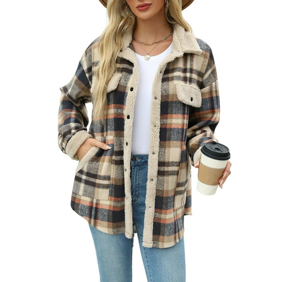 Womens Fall Fashion Flannel Shackets Plaid Button Down Jacket Casual Long Sleeve Fleece Shirt with Pockets Gray-Blue XXL
