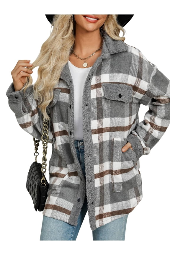 Womens Fall Fashion Flannel Shackets Plaid Button Down Jacket Casual Long Sleeve Fleece Shirt with Pockets Gray XL