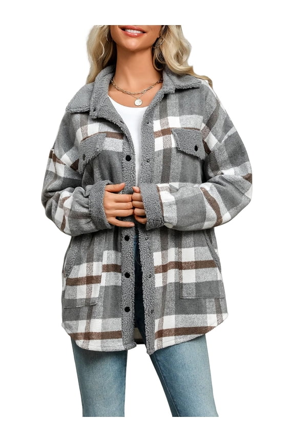 Womens Fall Fashion Flannel Shackets Plaid Button Down Jacket Casual Long Sleeve Fleece Shirt with Pockets Gray XL