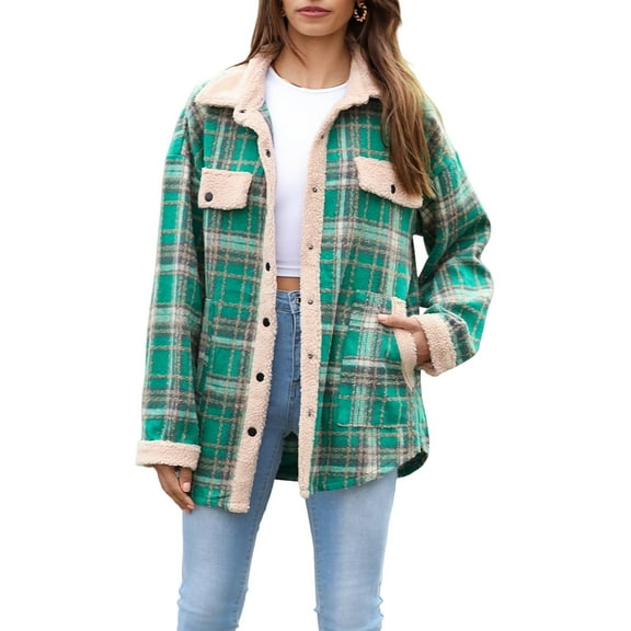 Womens Fall Fashion Flannel Shackets Plaid Button Down Jacket Casual Long Sleeve Fleece Shirt with Pockets Green XL