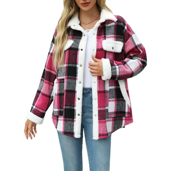 Womens Fall Fashion Flannel Shackets Plaid Button Down Jacket Casual Long Sleeve Fleece Shirt with Pockets Red S