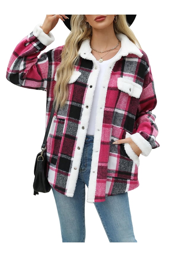 Womens Fall Fashion Flannel Shackets Plaid Button Down Jacket Casual Long Sleeve Fleece Shirt with Pockets Red XL