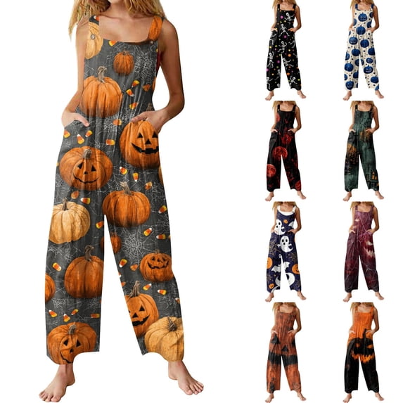 Womens Fall Fashion Jumpsuit Spooky Season Casual Overalls Wide Leg Pants with Pockets, Halloween Trick or Treat Party Costume 4XL
