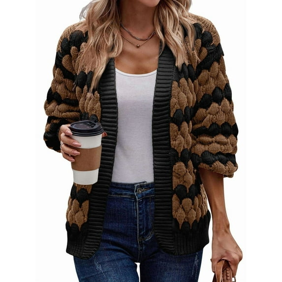Womens Fall Fashion Lantern Sleeve Striped Color Block Loose Cable Knit Winter Sweater Coats Brown Black L