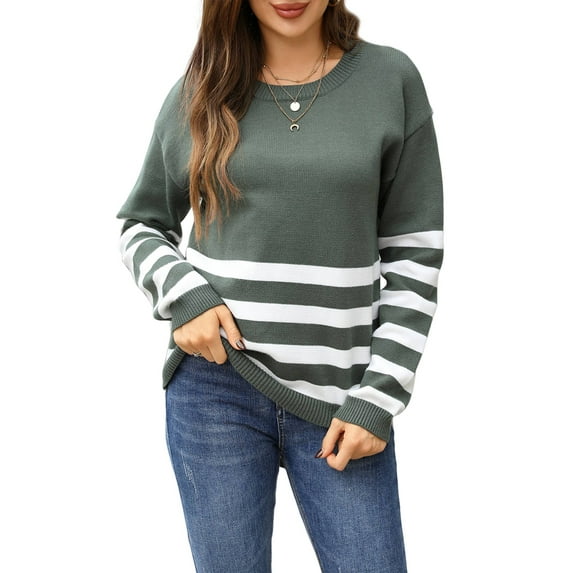 Womens Fall Fashion Long Sleeve Color Block Oversized Sweater Trendy Casual Crew Neck Knitted Pullover Green XL