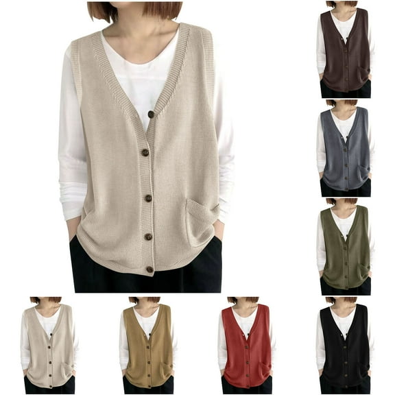 Womens Fall Fashion Solid Color Vest Tops Knit Sleeveless V Neck Casual Clothes Trendy Waistcoat Beige