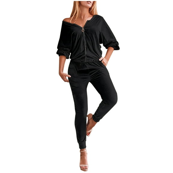 Womens Fall Fashion Velour Outfits Long SLeeve Zip up V Neck Tops with High Waist Skinny Long Pants Cozy Sets Loungewear