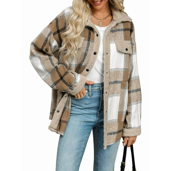Womens Fall Flannel Shackets Plaid Button Down Jacket Casual Long Sleeve Fleece Shirt with Pockets Light Khaki XL