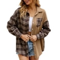 thumbnail image 1 of Womens Fall Flannel Splicing Plaid Lapel Button Down Pocket Loose Fit Plus Size Womens Clothing,Khaki,XL, 1 of 8