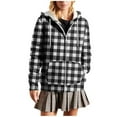 thumbnail image 1 of Womens Fall Fleece Lined Jackets, Flannel Plaid Shirt Jackets with Drawstring Hooded Casual Long Sleeve Winter Coats, 1 of 6