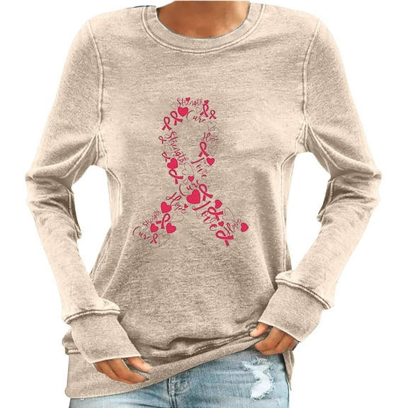 Womens Fall Graphic Sweatshirts 2024 Breast Cancer Awareness Shirt Long Sleeve Crew Neck Loose Pullover Top (Beige M)