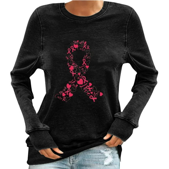 Womens Fall Graphic Sweatshirts 2024 Breast Cancer Awareness Shirt Long Sleeve Crew Neck Loose Pullover Top (Black 2XL)