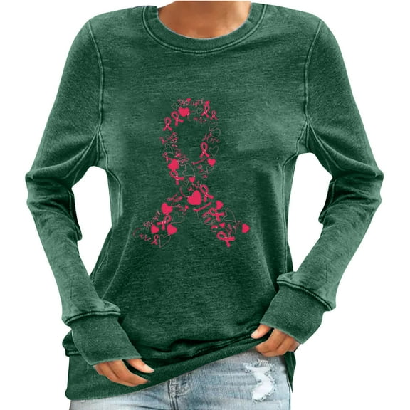 Womens Fall Graphic Sweatshirts 2024 Breast Cancer Awareness Shirt Long Sleeve Crew Neck Loose Pullover Top (Green 2XL)