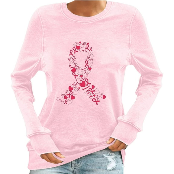 Womens Fall Graphic Sweatshirts 2024 Breast Cancer Awareness Shirt Long Sleeve Crew Neck Loose Pullover Top (Pink L)