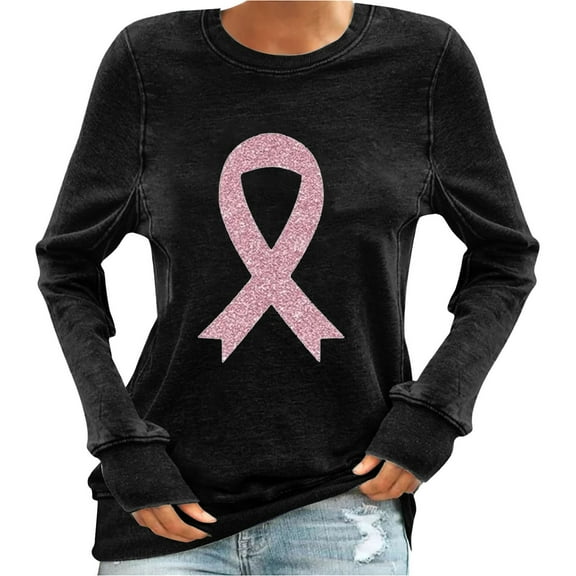 Womens Fall Graphic Sweatshirts 2025 Breast Cancer Awareness Shirt Long Sleeve Crew Neck Loose Pullover Top (Black XL)
